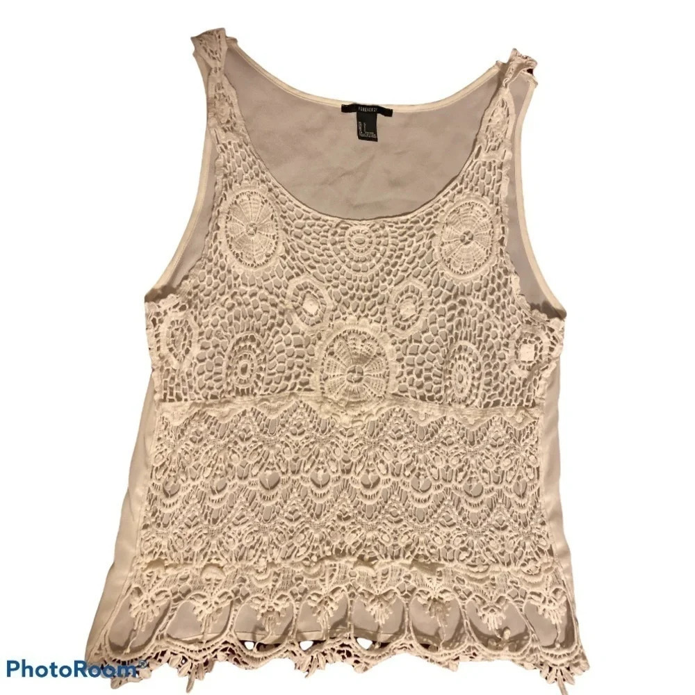 Forever 21  white Boho lace front sleeve less top blouse Sz L